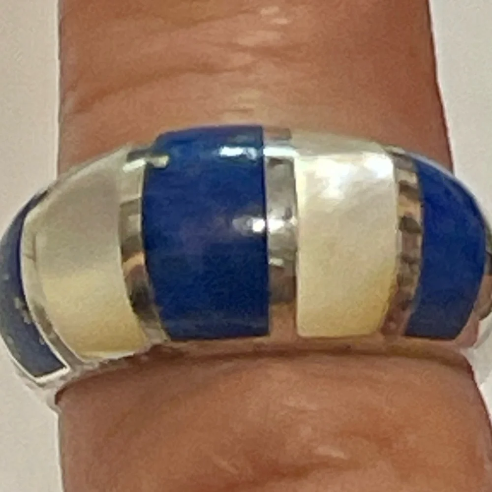Vintage Sterling Silver with Lapis Lazuli &mother Of Pearl Ring 7 g Size 6